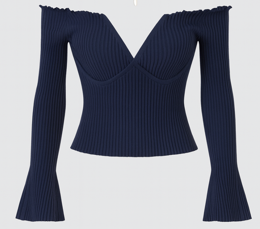 [859]NM Women's Deep Blue V-Neck Strapless Slimming T-Shirt with Bell Sleeves, Short Hem, Seductive and Sexy Long Sleeve Top