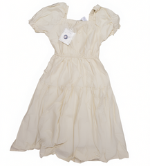 [628]GM   2024 Summer Women's Cream Yellow Puff Sleeve Dress with French Square Neckline Tailored Waist Elegant Slimming Long Dress